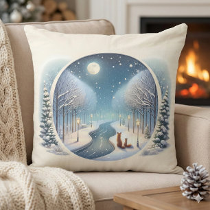 Cojín Decorativo Zorros de invierno junto al río nevado iluminado p