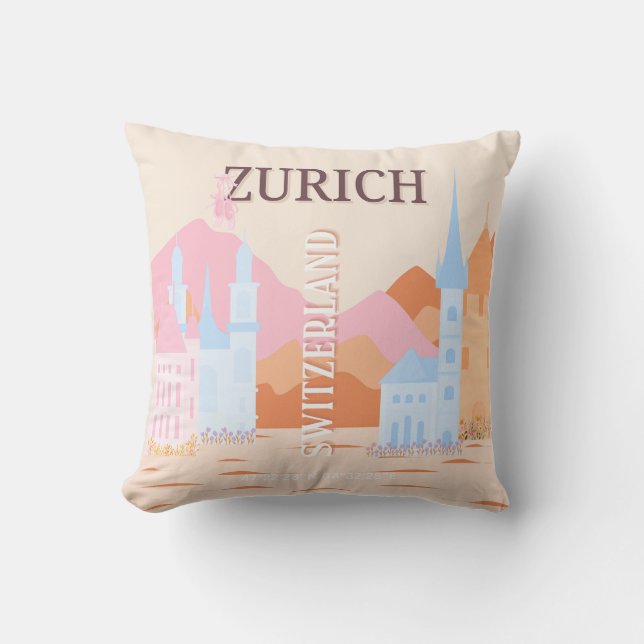 Cojín Decorativo Zúrich Travel Art, Suiza, Retro Travel Art (Anverso)