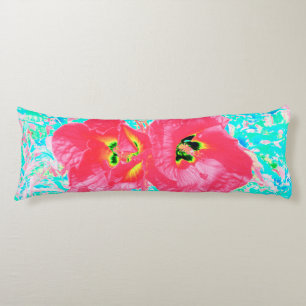 Cojín Dos Hibiscus Locos de Coral Rosa Rojo sobre Aqua