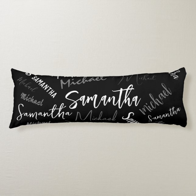 Cojín Dos nombres pareja patrón monograma blanco negro (Anverso)
