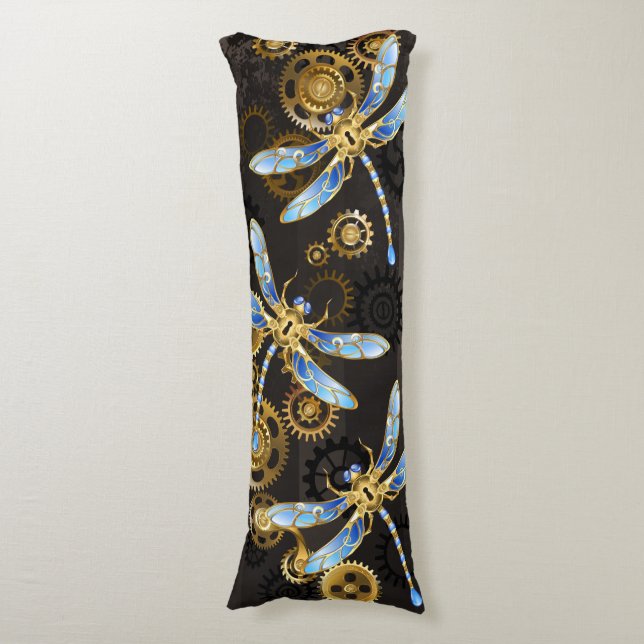 Cojín Dragoniscos de Steampunk sobre fondo rayado marrón (Frente vertical)