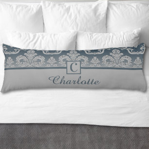 Cojín Elegante diseño de monograma de damasco de pizarra