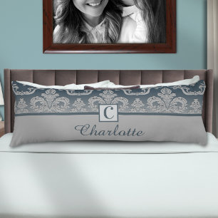 Cojín Elegante Diseño de Monograma Gray Damask Slate