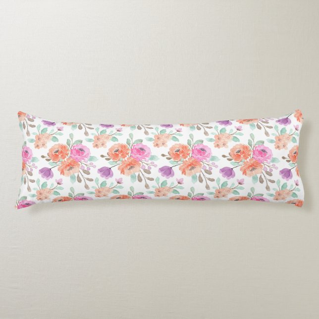 Cojín Elegante Naranja Rosa Morado Acuarela Floral Blanc (Anverso)