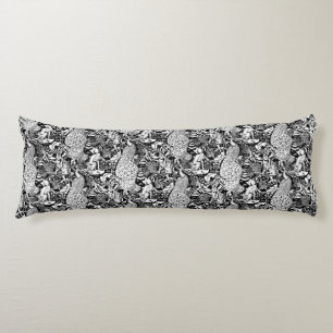 Cojín Estampa de pavo real Art Nouveau, negro y blanco