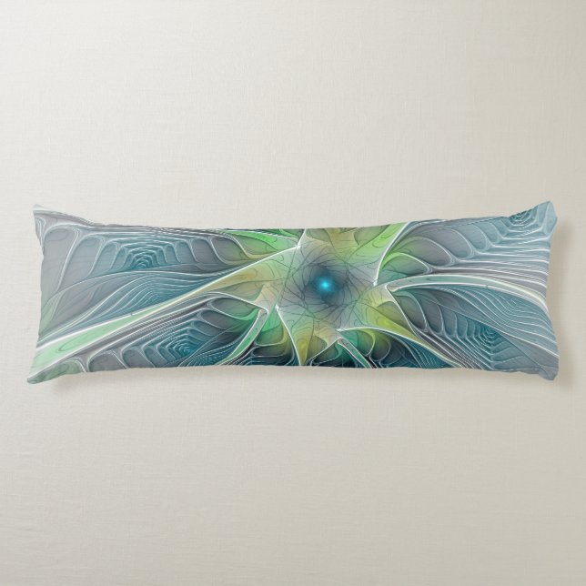 Cojín Fantasía Flor Fractal Verde Azul (Anverso)