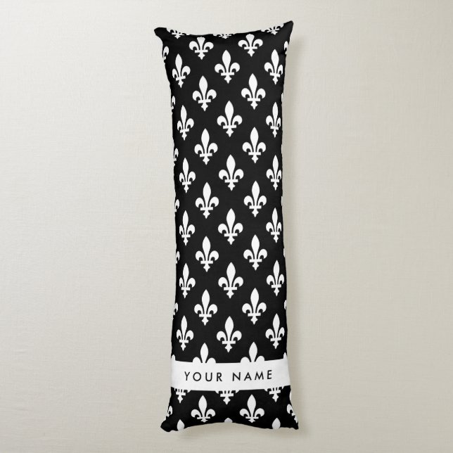 Cojín Fleur de Lis, Blanco sobre Negro, Blanco, Tu Nombr (Atrás (Vertical))
