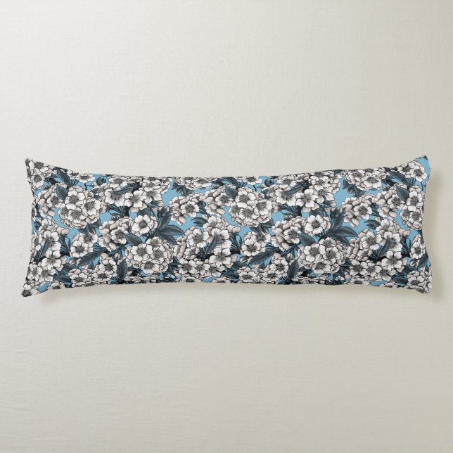 Cojín Flor de cerezo en blanco y azul (Anverso)