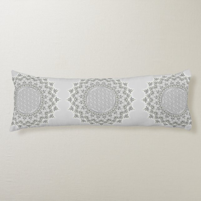 Cojín Flor de vida - Fractal Mandala gris verde (Anverso)