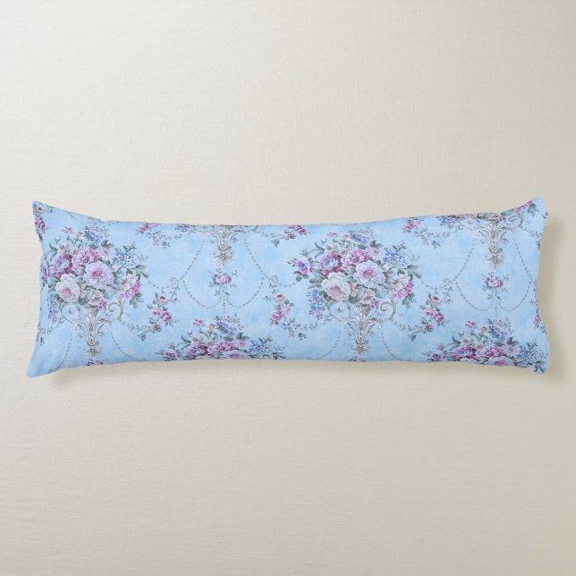 Cojín Floral de estilo victoriano azul blanco francés (Anverso)