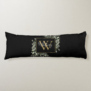 Cojín Floral de verde monograma de oro negro personaliza