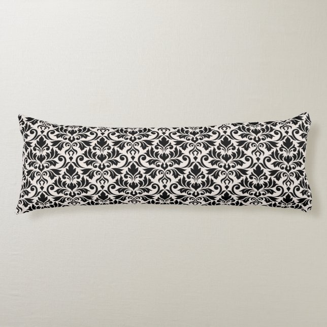 Cojín Florecer Patrón Damask Negro sobre Crema (Anverso)