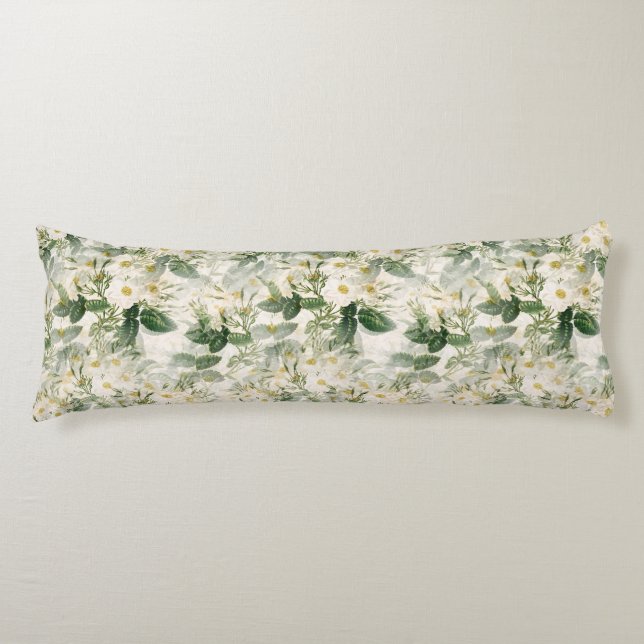 Cojín Flores blancas suaves y románticas y hojas verdes (Anverso)