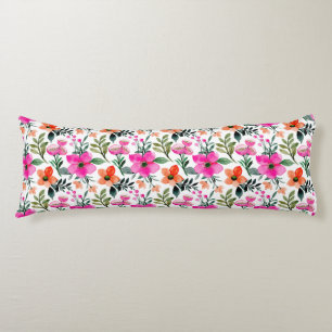 Cojín Flores de acuarela naranja rosa Hojas verdes blanc
