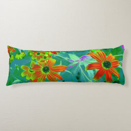 Cojín Flores rojas y amarillas trippy en azul retro