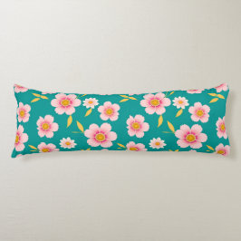Cojín Flores rosadas y hojas sobre fondo azul turquesa