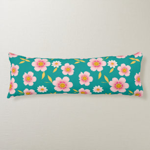 Cojín Flores rosadas y hojas sobre fondo azul turquesa