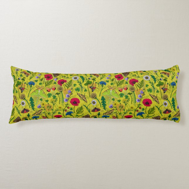 Cojín Flores y polillas silvestres en verde (Anverso)