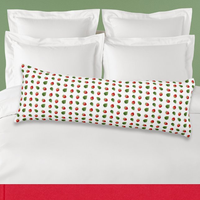 Cojín Fresas de fruta coloridas monogramadas (A body pillow with pattern of red strawberries and green leaves on the front, monogram on the back)