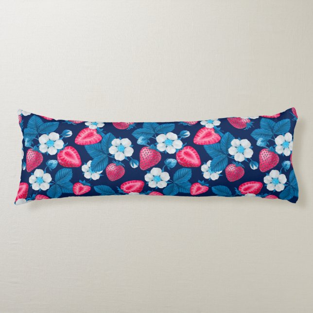 Cojín Fresas rosas en azul (Anverso)