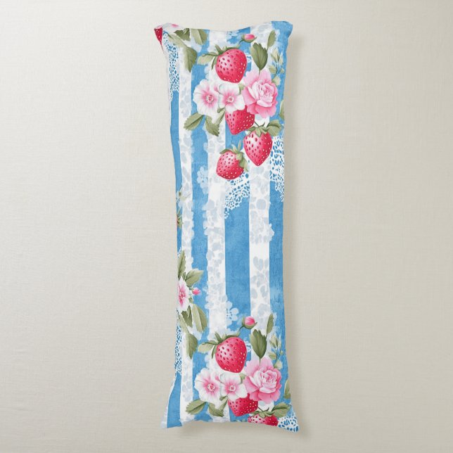 Cojín Fresas y flores antiguas en franjas azules (Frente vertical)