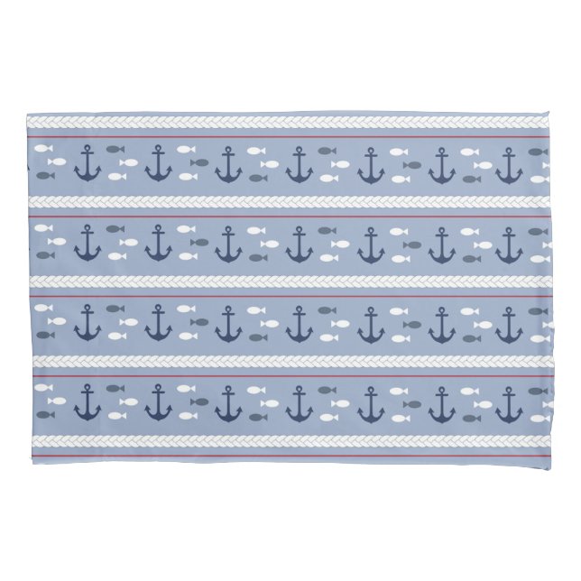 Cojín Funda de almohada de anclas náuticas azul y blanco (Anverso)