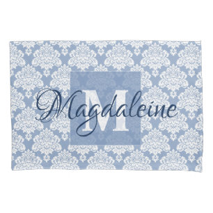 Cojín Funda de almohada de damasco azul con monograma y