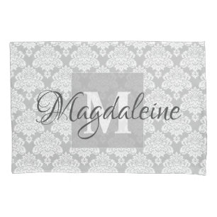 Cojín Funda de almohada de Damasco gris con monograma y
