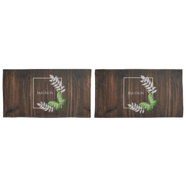 Cojín Funda de almohada de mariposa verde rustica (Anverso - Set)