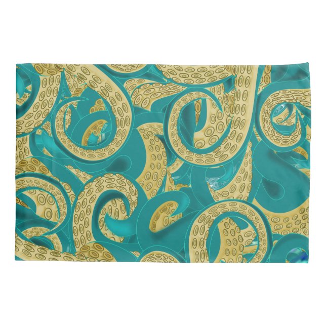 Cojín Funda de almohada de pulpo de oro verde azulado (Reverso)