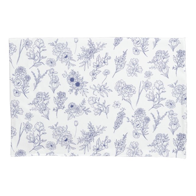 Cojín Funda de Almohada Floral Azul y Blanco (Anverso-izquierdo)