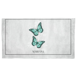 Cojín Funda de almohada floral de mariposa verde azulada