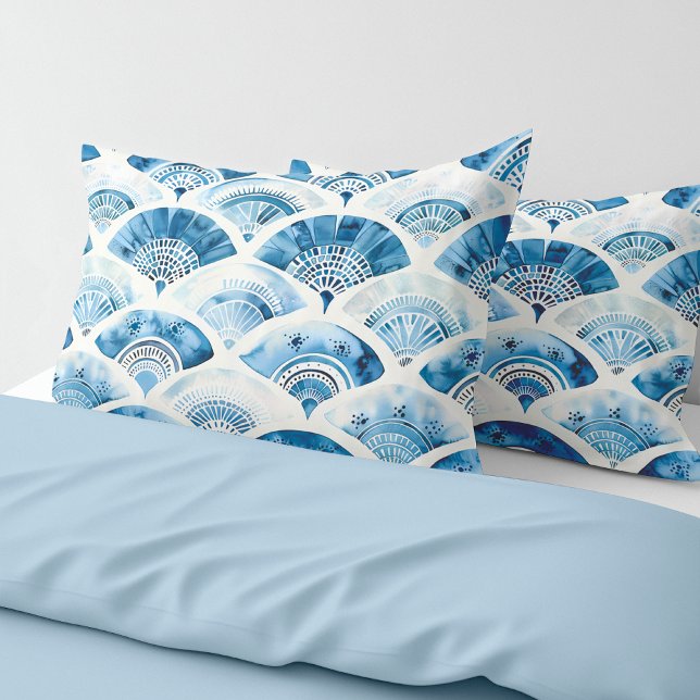 Cojín Funda de almohada geométrica de acuarela azul océa (Ocean Blue Watercolor Geometric Abstract Elegant Pillowcase)