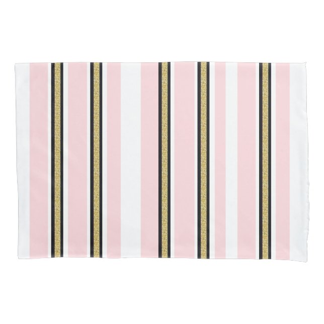 Cojín Funda de Almohada Rosa y Blanco Dorado Negro Raya (Anverso)