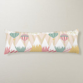 Cojín Globo de aire caliente rosa y escena de montaña