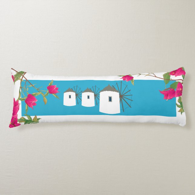 Cojín Grecia Bougainvillea Isla Griega Molinos de viento (Anverso)