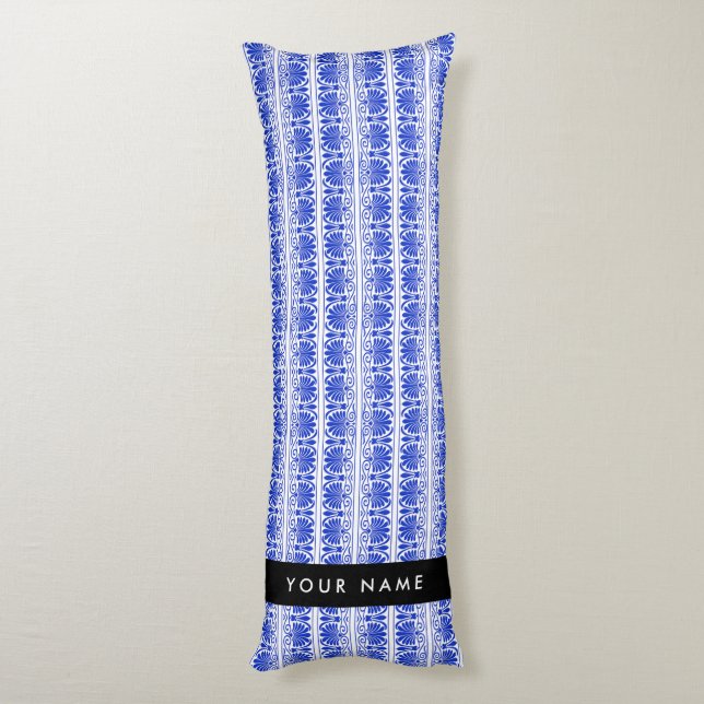 Cojín Griego Fret Arabesque Blue, Tu Nombre, Personaliza (Atrás (Vertical))