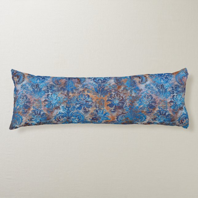 Cojín Grunge Damask Azul Cobalto Oxidado Naranja (Anverso)