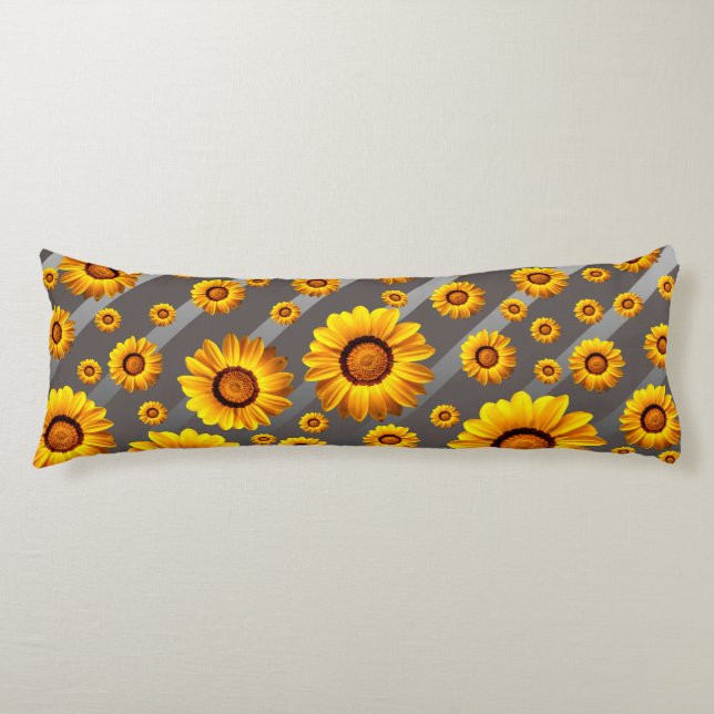 Cojín Hermosas flores amarillas sobre rayas grises y pla (Anverso)