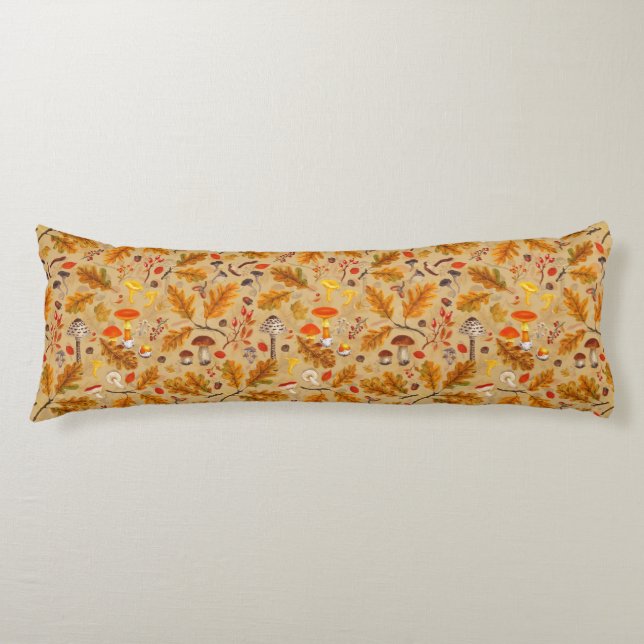 Cojín Hongos forestales y flora otoñal en ocre (Anverso)