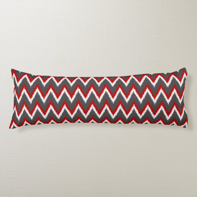 Cojín Ikat Chevron Stripes - Rojo, Blanco y Gris / Gris (Anverso)