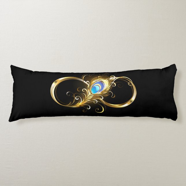 Cojín Infinito con la pluma de pavo real dorado (Anverso)