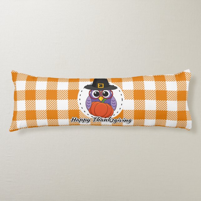 Cojín Lechuza peregrina sobre Naranja sembrada - Feliz D (Anverso)