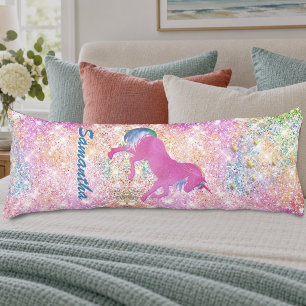 Cojín Lindo unicornio arcoíris rosa brillante purpurina