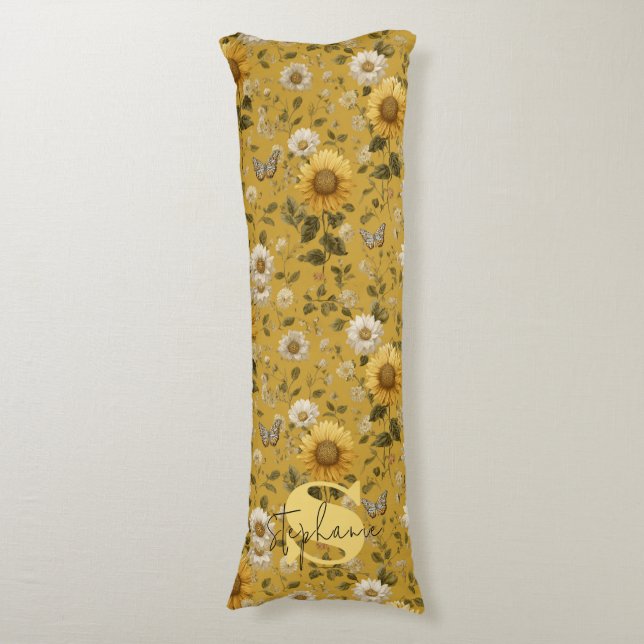 Cojín Los girasoles y las mariposas en fondo amarillo 1 (Frente vertical)