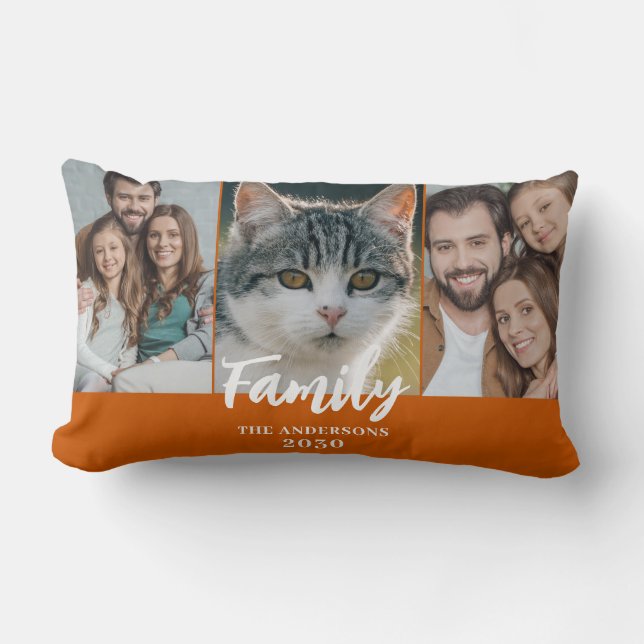 Cojín Lumbar 3 Collage de fotos Quemado Naranja Nombre de famil (Anverso)