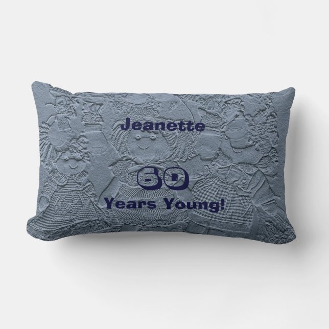 Cojín Lumbar 60.º cumpleaños, muñecas azules plateadas, nombre, (Anverso)