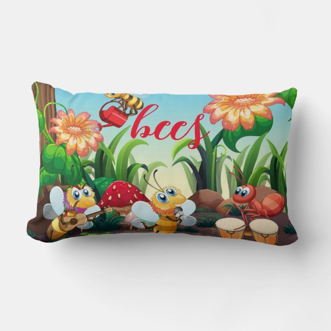 Cojín Lumbar Abejas ocupadas trabajando en el jardín (Anverso)