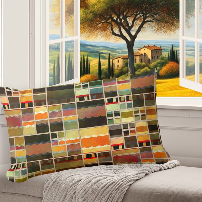 Cojín Lumbar Abstracto Pilar colorido de vidrio plomo pintado (Pillow featuring an abstract geometric pattern in a leaded glass or stained glass style)