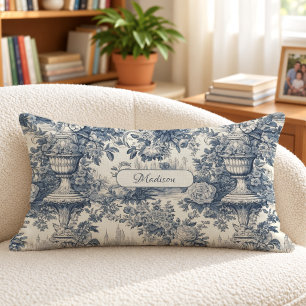Cojín Lumbar Acento de monograma de toile floral azul vintage